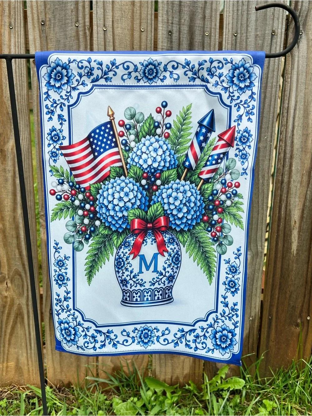 Blue Hydrangea Patriotic Garden Flag - Monogram M - Brand New